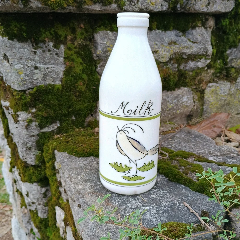 VTG Eqizia white glass quart size milk bottle, bird decor, whimsical decor